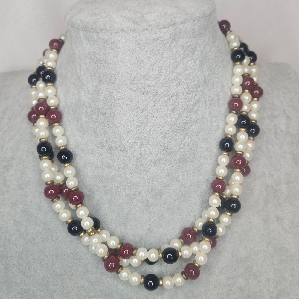 VTG Sandra David Triple Strand Glass Pearl Bead Necklace Red Black Gold 17" EUC